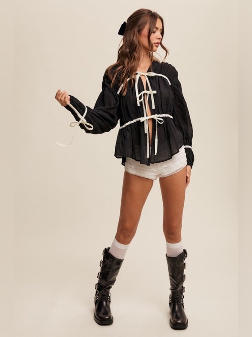 FLORENCE BOW TIE CONTRAST LONG SLEEVE BLOUSE TOP Size Small